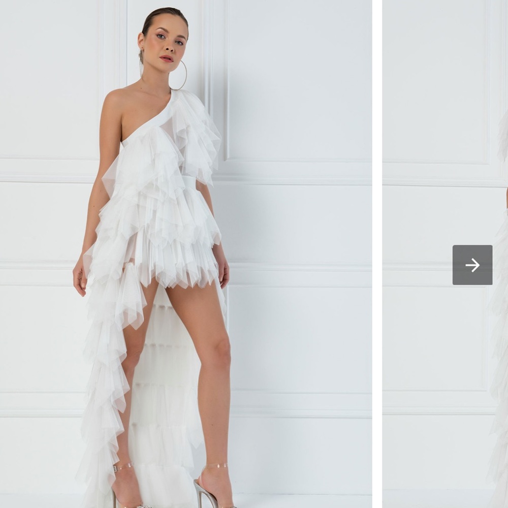 Kiki Riki ONE SHOULDER RUFFLE OFFWHITE MINI TULLE DRESS